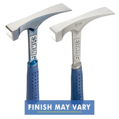 22 Oz Masonry Hammer With Forged Steel Construction And Shock Reduction Grip For Bricklayers And DIY Pros This Versatile Chipping Hammer Features A Nylon End Cap And USA Made Quality For Concrete Brick And Stone Work, two views with blue shock reduction grip and silver steel head.
