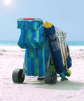 Wonder Wheeler Deluxe All Terrain Utility Cart For Lawn And Beach Folding Tote With 10 Inch Wheels Handles 48 Quart Cooler And Four Beach Chairs on sand