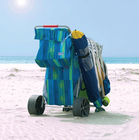 Wonder Wheeler Deluxe All Terrain Utility Cart For Lawn And Beach Folding Tote With 10 Inch Wheels Handles 48 Quart Cooler And Four Beach Chairs on sand