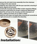 Installation guide showing steps to attach 0.325 Inch 7 Tooth Spur Sprocket Clutch Drum Kit with Oil Pump for MS231 MS231C MS251 chainsaws.