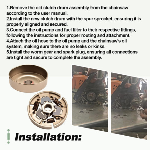 Installation guide showing steps to attach 0.325 Inch 7 Tooth Spur Sprocket Clutch Drum Kit with Oil Pump for MS231 MS231C MS251 chainsaws.