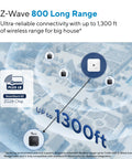 Top Shelf Z Wave Deadbolt Smart Lock delivering smooth long range reach, showing wireless range up to 1300ft for smart home use.