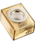 Badass 200 Amp Marine Battery Fuse Block With Quick Connect Terminals And Ip66 Waterproof Shell For 58 Volt Dc Max Power Routing On Trailers And Boats close-up view showing clear case and metal connector.