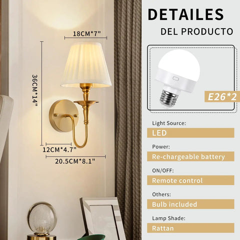 Wireless Vintage Wall Sconce Set Of Two Rechargeable Dimmable RGB Lights With Remote Antique Brass And Fabric Shade wall lamp details with dimensions.