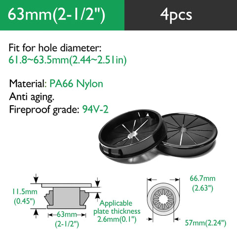 4 Pack Desk Cable Grommets 63mm Petal Buckle Nylon Snap Bushing For Cables And Wires Management and Cabinet Protection, 63mm diameter.