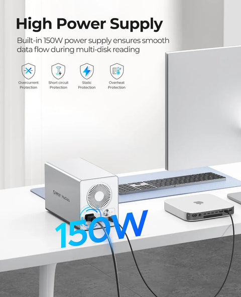 Four Bay Raid External Hard Drive Enclosure With Usb 3.0 showing built-in 150W power supply and connection to computer