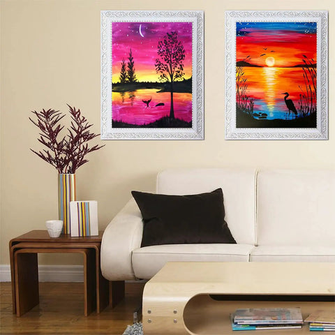 Framed 5D Diamond Art from 12 Pack Diamond Painting Kits for Adults with scenic sunset views, wall decor, 12x16 inch canvas size.