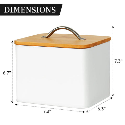 Farmhouse Laundry Organizer And Storage Box With Bamboo Lid Dryer Sheet Holder showing dimensions: 7.3 x 6.3 x 7.3 inches