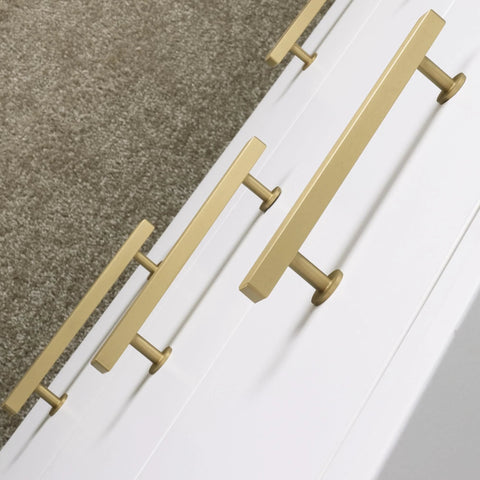 5 Pack Solid Brass Cabinet Handles With Brushed Brass Square T Bar Pulls 5 Inch Center Hole For Kitchen Dresser Drawer Cupboard