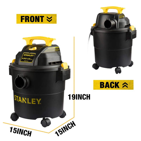 Front and back view of Powerful 5 Gallon Wet Dry Shop Vacuum With 4 Peak HP, 85 CFM, 3 In 1 Blower, 19-inch height, 15-inch width.