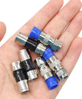 Coax Cable Crimper Tool Kit With 20 F Style RG59 RG6 Compression Connectors shown in hand, highlighting nickel-plated brass material.