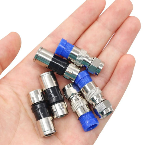 Coax Cable Crimper Tool Kit With 20 F Style RG59 RG6 Compression Connectors shown in hand, highlighting nickel-plated brass material.