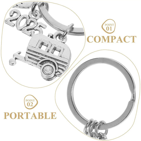 Rad Retro Travel Themed Zinc Alloy Keychain For RV Owners And Pilots showing camper charm and year 2025 detail