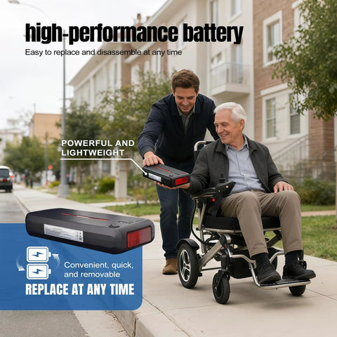 Foldable electric wheelchair side view, black with detachable battery, outdoors, elderly man seated.
