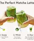 Two hands holding glasses of iced matcha latte with Electric Milk Frother And Matcha Whisk Handheld All-In-One Blender.
