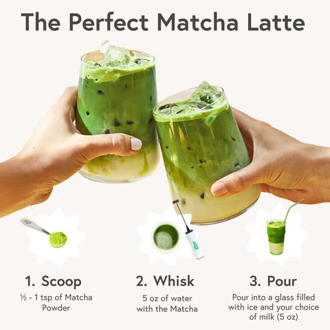 Two hands holding glasses of iced matcha latte with Electric Milk Frother And Matcha Whisk Handheld All-In-One Blender.