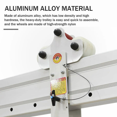 Close-up of the Portable Aluminum Shop Gantry Crane's aluminum alloy material and heavy-duty trolley with nylon wheels.