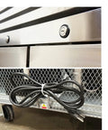 Close-up of Heavy Duty Commercial Freezer Two Door Upright Reach In Stainless Steel NSF Certified 47 Cubic Feet with power cord and door mechanism.