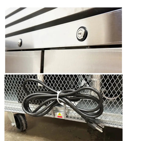 Close-up of Heavy Duty Commercial Freezer Two Door Upright Reach In Stainless Steel NSF Certified 47 Cubic Feet with power cord and door mechanism.