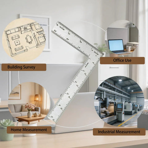 Solid As A Rock Stainless Steel L Shaped Square Ruler Featuring Dead On 4 By 6 Inch Dual Side Etchings used for building survey and home measurement.