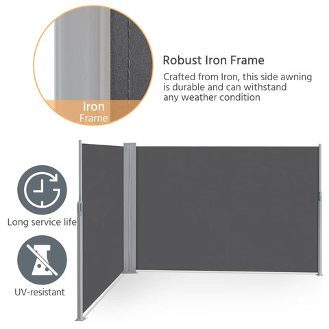 Double Side Patio Shade Awning With Dope Retractable Privacy Screen 236 By 71 Inches Waterproof UV Resistant 220G Per M2 Polyester Outdoor Privacy Divider For Courtyard And Roof Terrace Dark Gray, featuring robust iron frame with UV-resistant icons