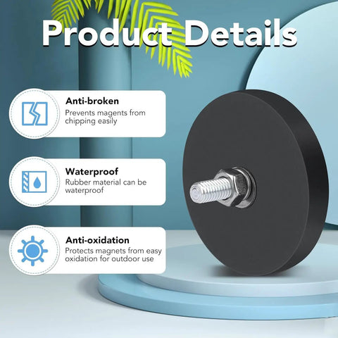 Close-up of 12 Pack Rubber Coated Neodymium Threaded Mounting Magnets showcasing waterproof and anti-oxidation features.