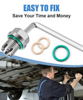 Oil drain plug repair kit, M16.1-1.5x15mm oversize stainless steel with green O-rings and hex key (close-up).