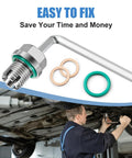 Oversize Piggyback Oil Drain Plug Kit Beefed-Up Stainless Steel 304 Self Tapping Oil Pan Thread Repair For M14.1-1.5 X 15mm shown with wrenches and gaskets.