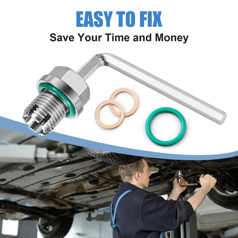 Oversize Piggyback Oil Drain Plug Kit Beefed-Up Stainless Steel 304 Self Tapping Oil Pan Thread Repair For M14.1-1.5 X 15mm shown with wrenches and gaskets.