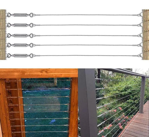 One Eighth Inch Stainless Steel Wire Rope Kit 400 Feet Of Aircraft Cable With M5 Turnbuckles 7x7 Strands Includes Thimbles And Ferrules Heavy Duty Kit For Deck Railing Clothesline String Lights And Fence showing complete deck railing installation.