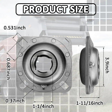 Dimensions of Beefed-Up Heavy Duty 1-1/4 Inch Square Bore Disc Harrow Flange Bearing Unit displayed in diagram