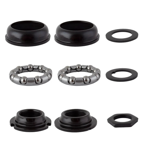 BMX Bottom Bracket Set For One Piece Cranks, Press Fit Sealed Bearing System, 51mm Cup OD, OPC Spindle components laid out