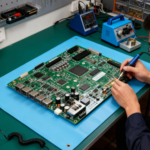 Front view of blue ESD anti-static PCB work mat on a green workbench with PCB and soldering iron.