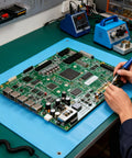 Fabater ESD anti-static rubber mat, blue, 26.4x20.1 in, on a green workbench with a PCB and soldering iron.