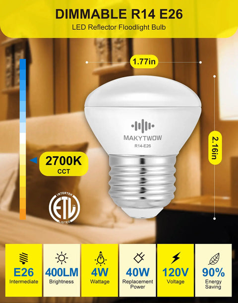 R14 LED Bulb 4W E26 Base Dimmable Warm White 2700K Mini Reflector Floodlight 400 Lumens 40W Equivalent 4 Pack display.
