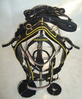 Black Synthetic Nylon Horse Driving Harness With Yellow Piping Diamond Chains On Browband And Noseband Curved Blinders
