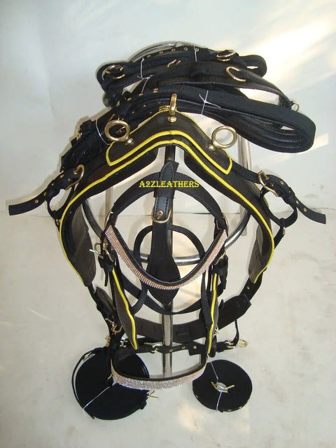 Black Synthetic Nylon Horse Driving Harness With Yellow Piping Diamond Chains On Browband And Noseband Curved Blinders