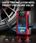 Beast Jump Starter With Air Compressor And Tire Inflator next to car wheel, showing 150 PSI pressure value