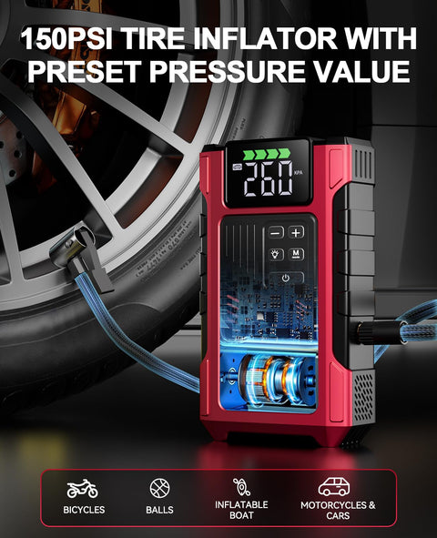 Beast Jump Starter With Air Compressor And Tire Inflator next to car wheel, showing 150 PSI pressure value