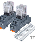 Two Pack Electromagnetic Power Relays 8 Pin DPDT 2NO 2NC 10A 110 120 VAC Coil With Socket Base LED Indicator DIN Rail Mount; two relays on DIN rail base