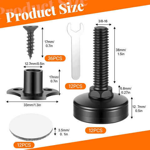 Built Tough Heavy Duty Adjustable Furniture Levelers With Three Eighths Inch Thread And Large Base, product size illustration