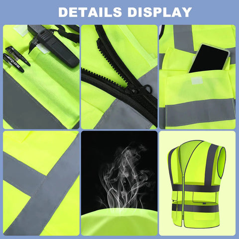 Heavy Duty Hi Vis Reflective Safety Vest In Bright Neon Green With Spacious Pockets Lightweight Mesh Workwear For Contractors And Road Crews features close-up of pockets and zipper.