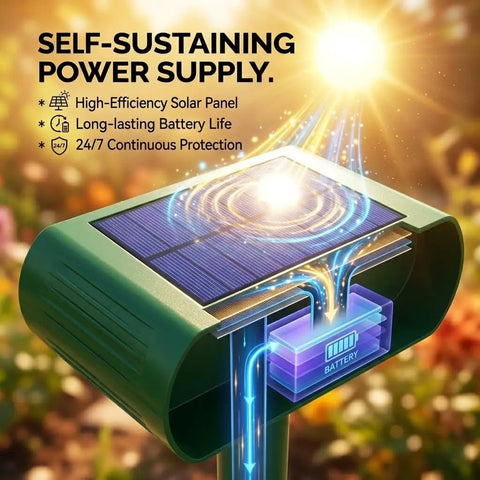 Solar Ultrasonic Animal Repellent 4 Pack With Motion Sensor And Flashlight IP65 Waterproof Outdoor Yard Deterrents For Deer Rabbits Raccoons And Cats No Go Zone Keeps Critters Away, solar panel and battery