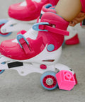 Close-up of kid's roller skate with Universal Skate Brake Block for roller skates and inline pads attached, showing strong stopping power.