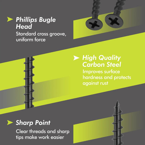 Heavy Duty Wood Screw Set 200Pcs Assortment Kit with Phillips Bugle Head and sharp point details