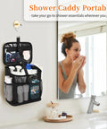 Portable Mesh Shower Caddy For Bathroom Gym Travel Camping with toiletries, black polyester, hanging by the sink in bathroom.