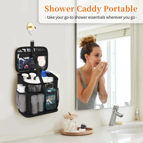 Portable Mesh Shower Caddy For Bathroom Gym Travel Camping with toiletries, black polyester, hanging by the sink in bathroom.