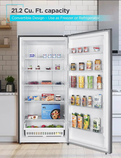Spacious 21.2 Cubic Foot Convertible Stand Up Freezer And Refrigerator With Built In Frost Free Cooling Clear Glass Shelves And Reversible Entry For Daily Grind Use, interior with food storage.