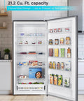 21.2 Cubic Feet Convertible Freezer Refrigerator Super Tight Upright Kitchen Workhorse Frost Free with glass shelves and food items.