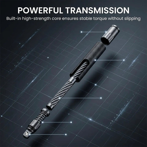 Flexible Half Inch Drive Rotating Extension Connector With 360 Degree Movement, Metal Linkage Rod For Repair, Maintenance, Shop And DIY, Two Piece Set 25 Cm Length, Handy Access In Tight Spots And Hard To Reach Angles., metal drive extension parts on dark background